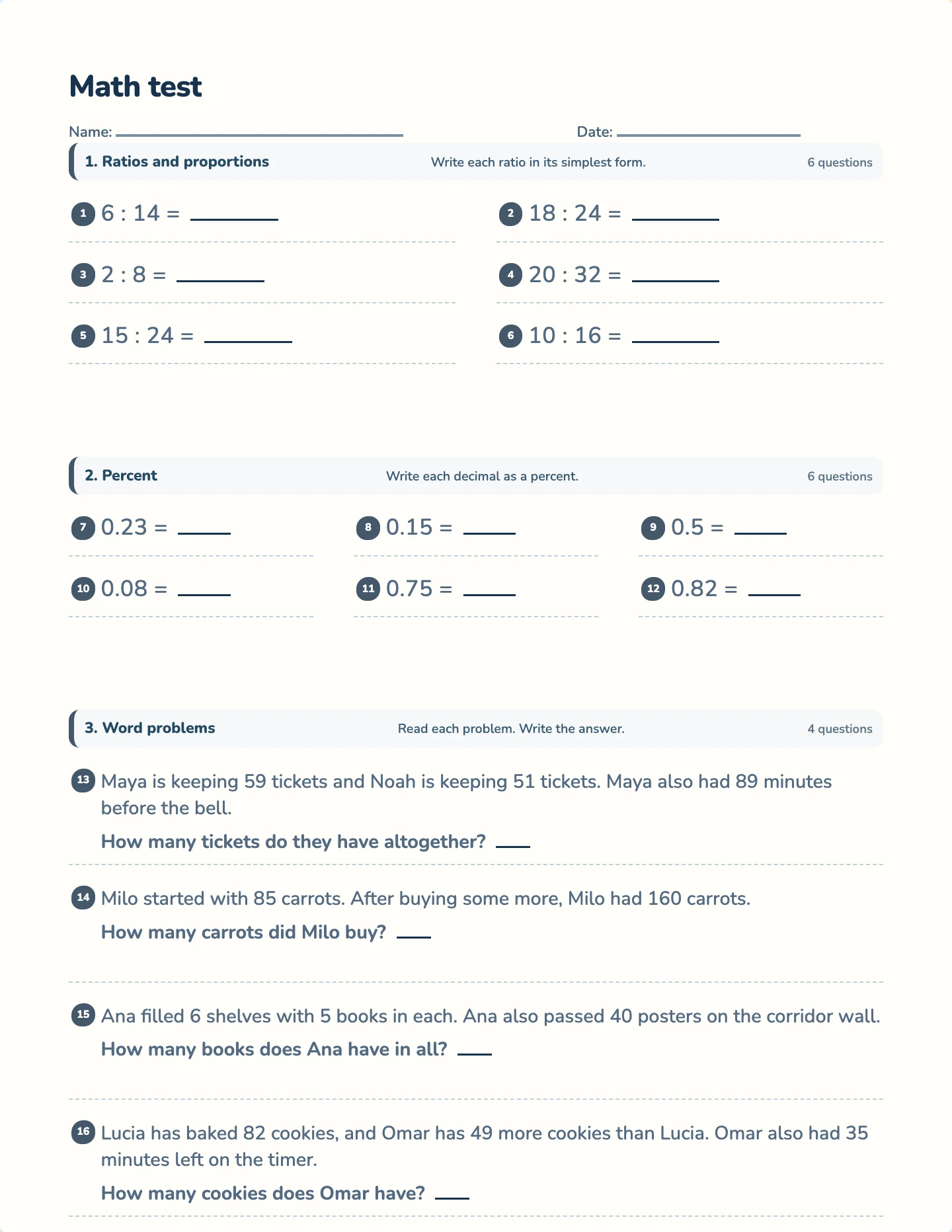 Ratio and percent test preview