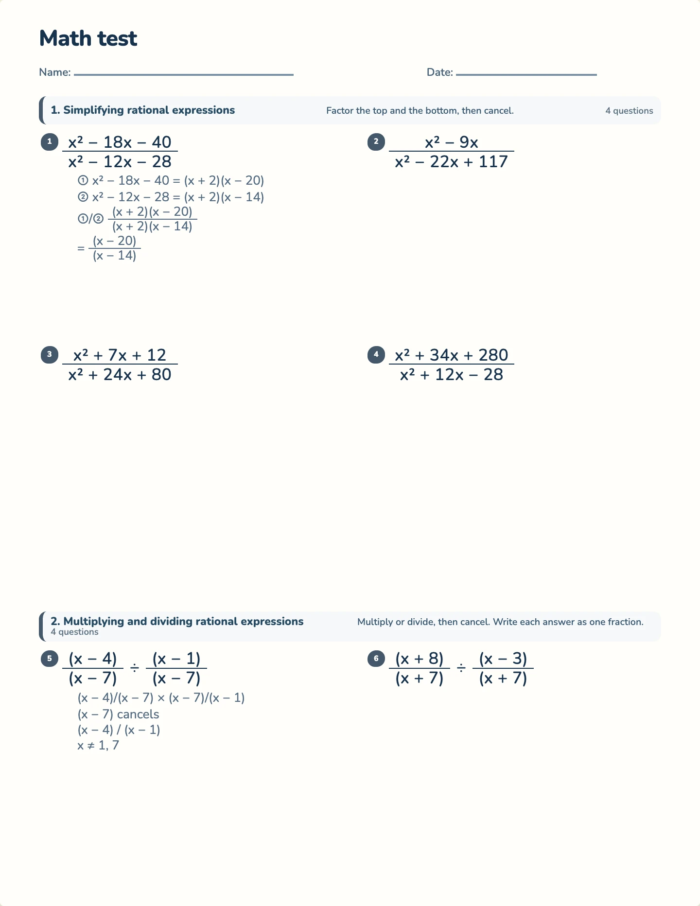 Rational expressions test — printable test paper