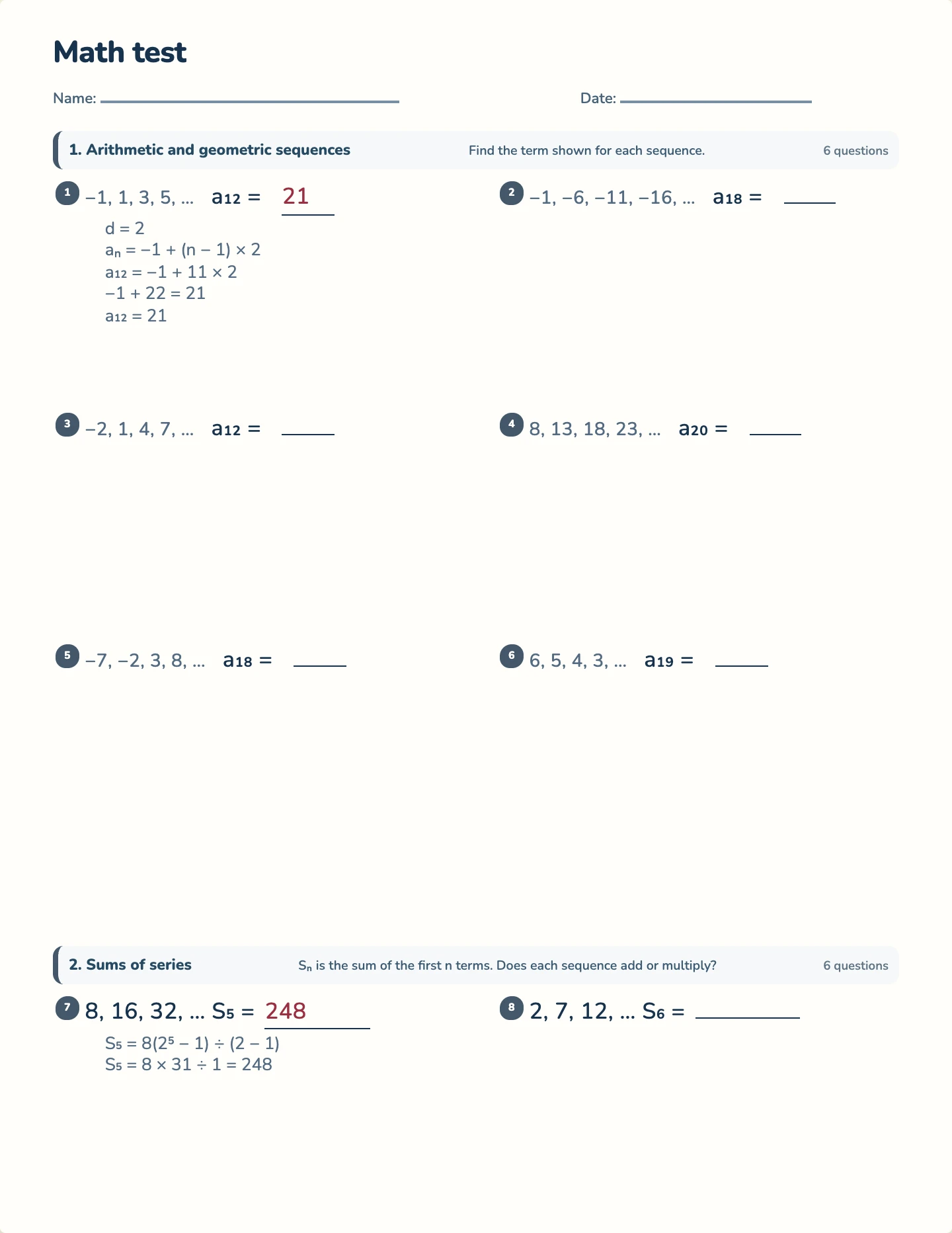 Sequences and series test — printable test paper