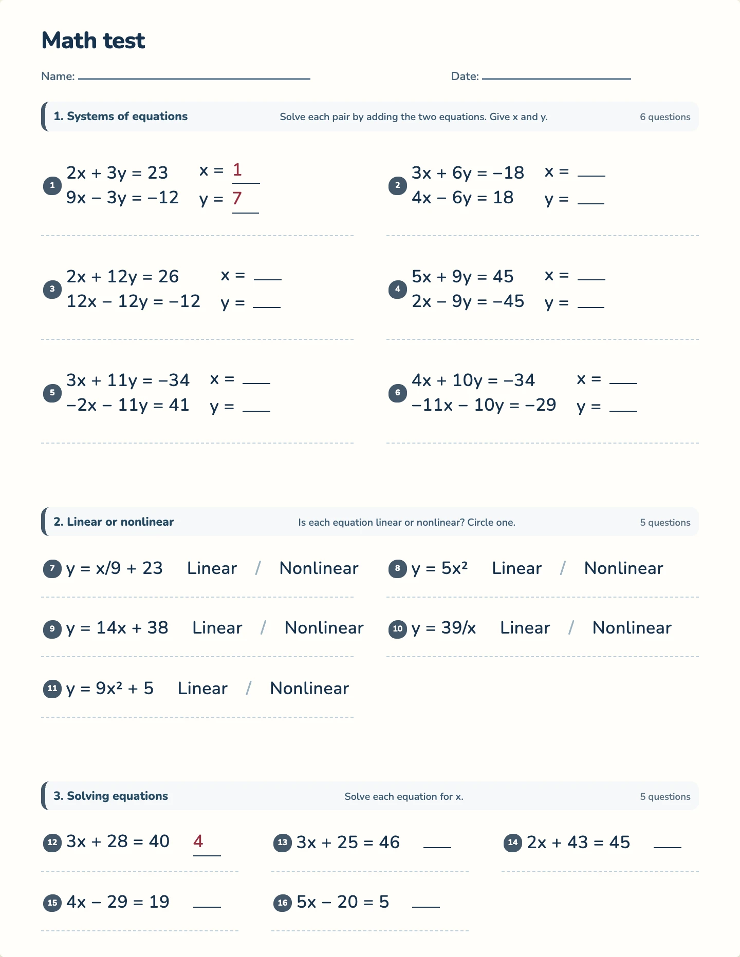 Systems of equations test — printable test paper