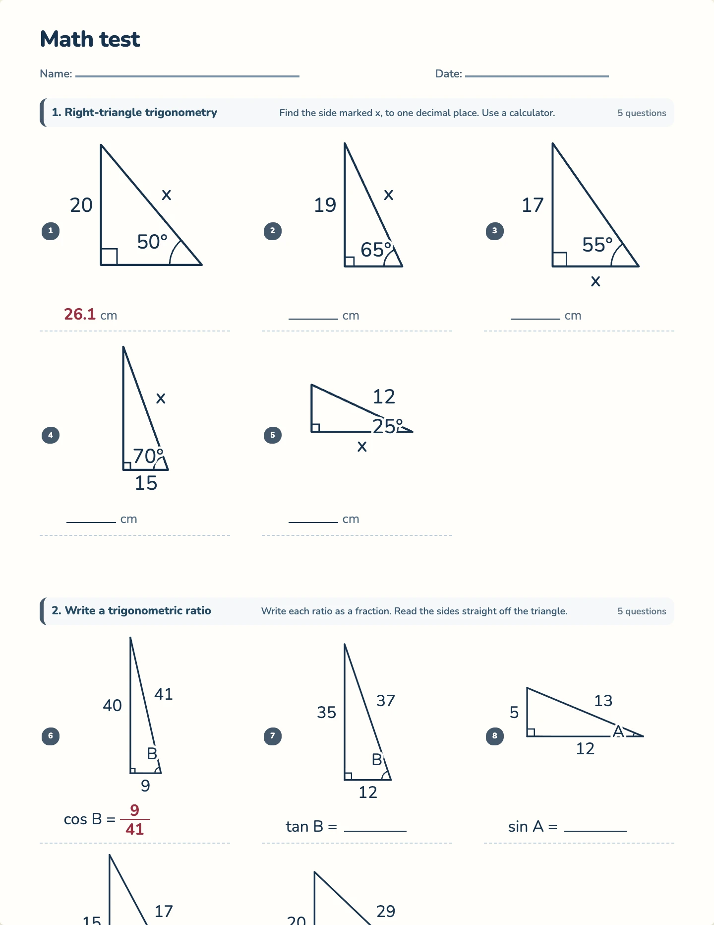 Trigonometry test — printable test paper