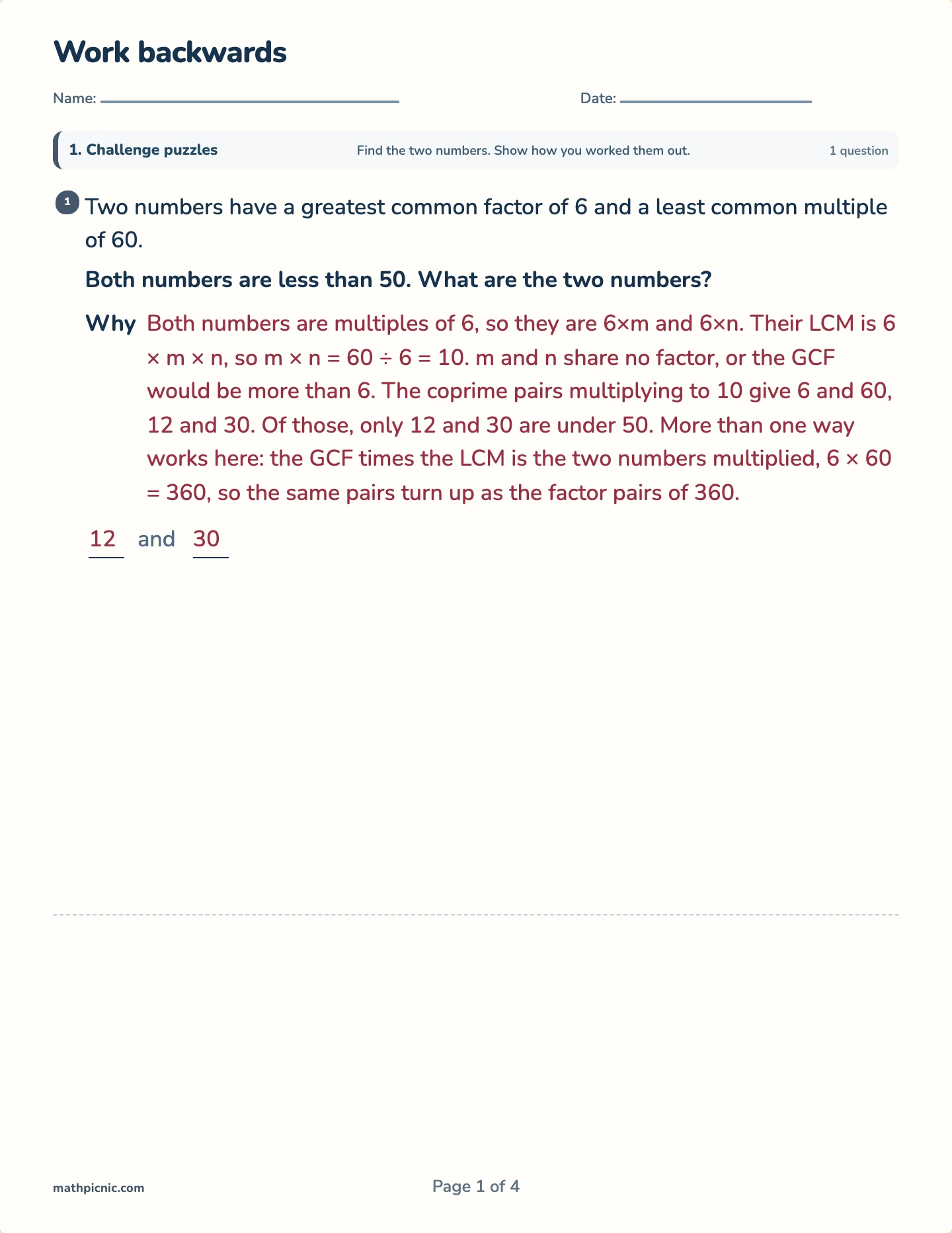 Work backwards — printable test paper