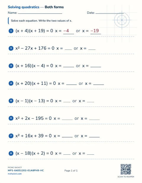 Solving x² + bx + c = 0 worksheet