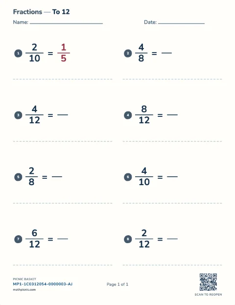 Simplifying fractions worksheet