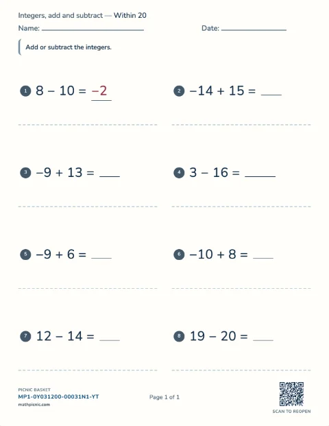 Integer operations worksheet