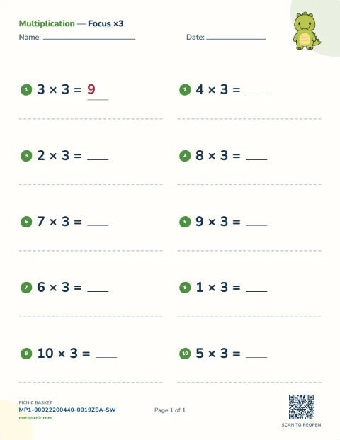 Multiplication by 3 worksheet