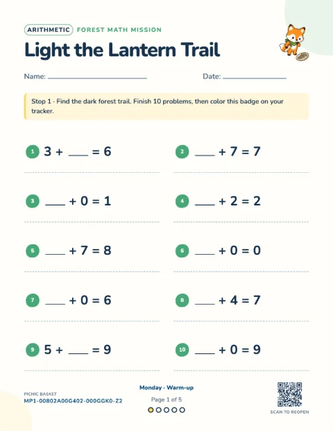 Missing addends — Monday of a 5-day printable pack