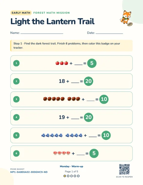 Number bonds — Monday of a 5-day printable pack