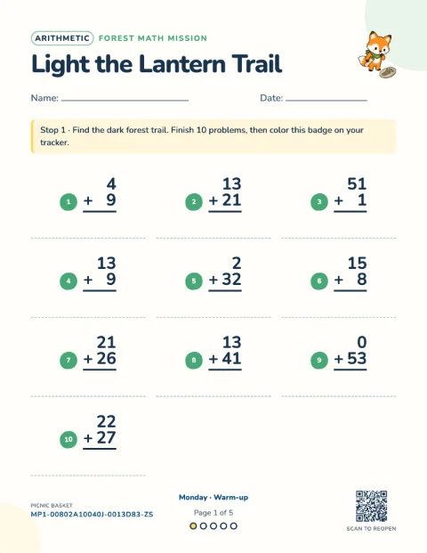 Vertical addition — Monday of a 5-day printable pack