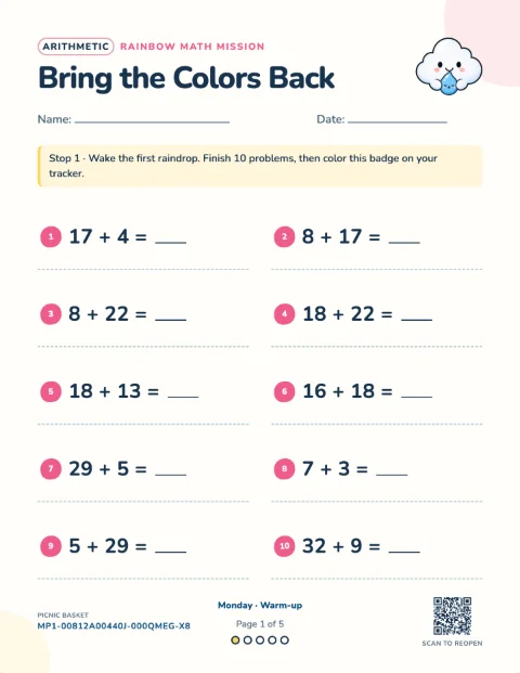 Addition with regrouping — Monday of a 5-day printable pack