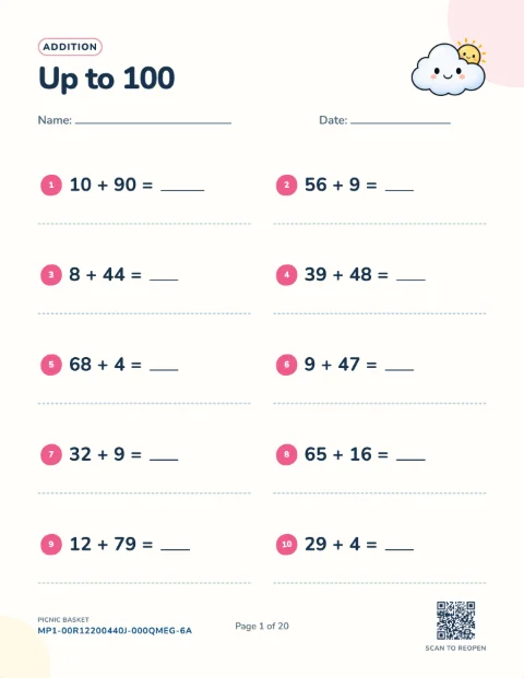 Addition with regrouping class set — one student's page, free printable with an answer key