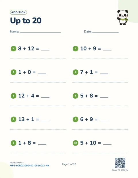 Addition within 20 class set — one student's page, free printable with an answer key