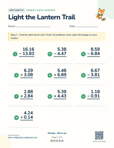 Adding and subtracting decimals — Monday of a 5-day printable pack