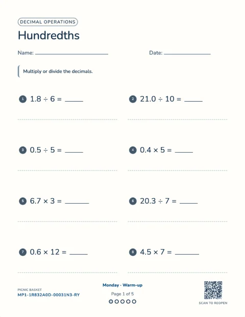 Multiplying and dividing decimals — the first sheet of a 5-day printable pack