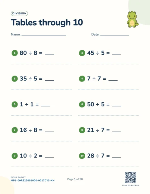 Division facts class set — one student's page, free printable with an answer key
