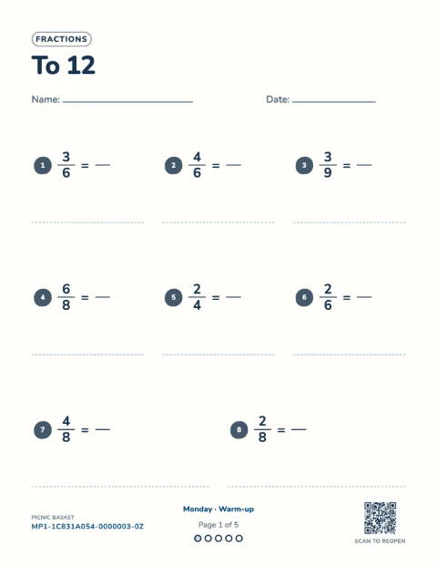 Simplifying fractions — the first sheet of a 5-day printable pack