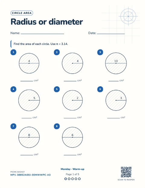 Area of a circle — the first sheet of a 5-day printable pack