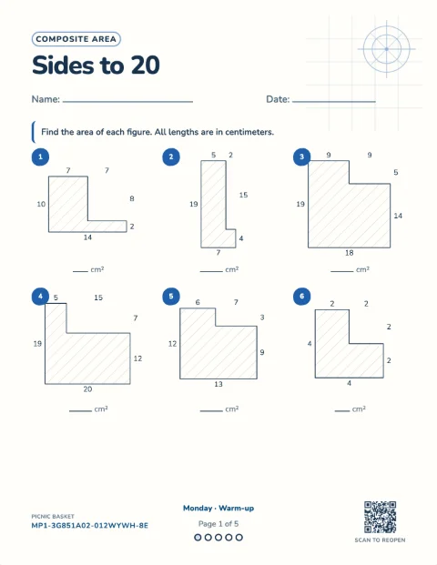 Area of composite figures — the first sheet of a 5-day printable pack