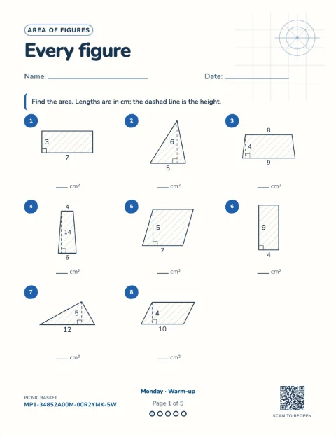 Area of triangles and quadrilaterals — the first sheet of a 5-day printable pack