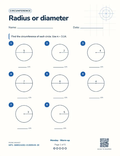 Circumference of a circle — the first sheet of a 5-day printable pack