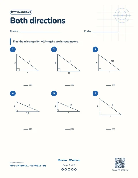 Pythagorean theorem — the first sheet of a 5-day printable pack