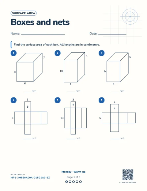 Surface area and nets — the first sheet of a 5-day printable pack