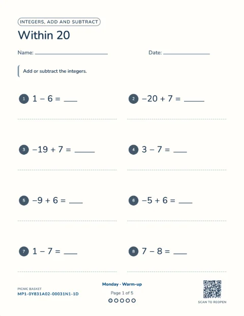 Integer operations — the first sheet of a 5-day printable pack