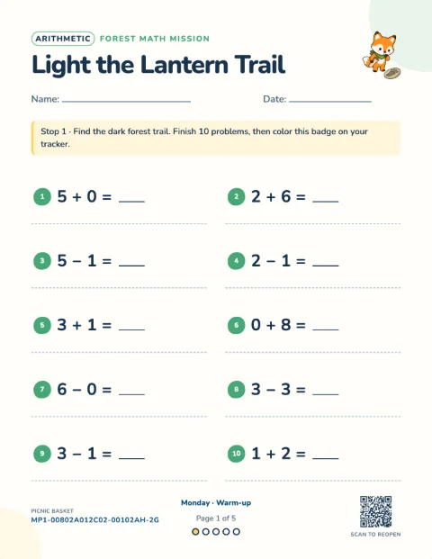 Mixed facts within 20 — Monday of a 5-day printable pack