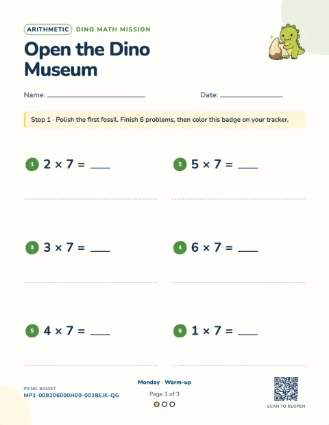 The 7 times table — Monday of a 3-day printable pack