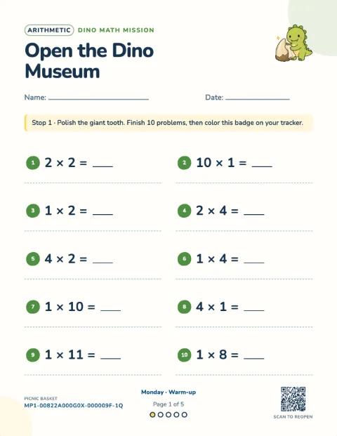 Times tables to 12 — Monday of a 5-day printable pack