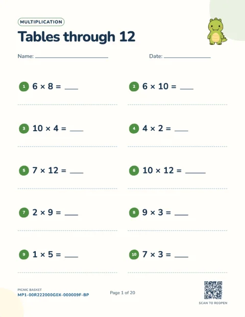 Times tables to 12 class set — one student's page, free printable with an answer key