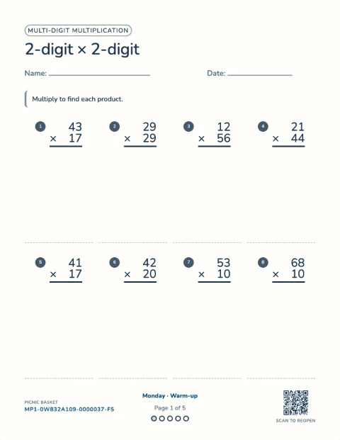 2-digit by 2-digit multiplication — the first sheet of a 5-day printable pack