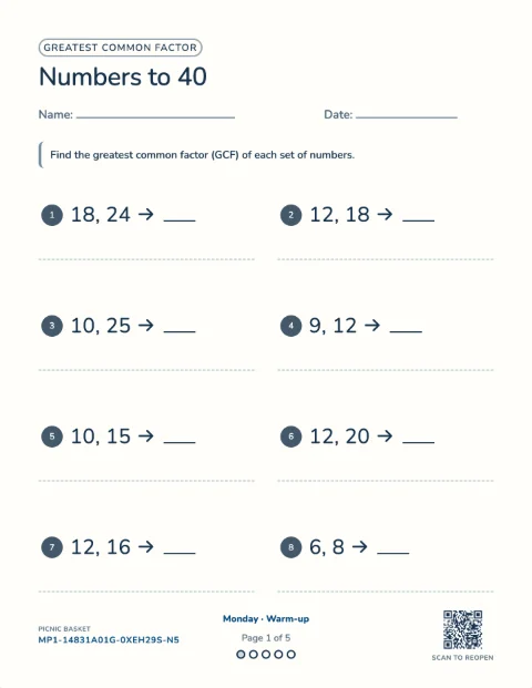 Greatest common factor — the first sheet of a 5-day printable pack
