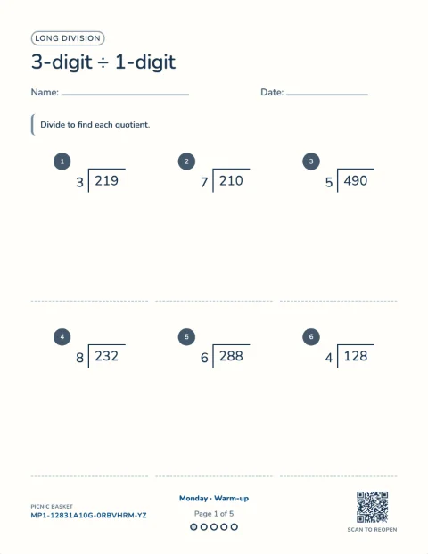 Long division — the first sheet of a 5-day printable pack