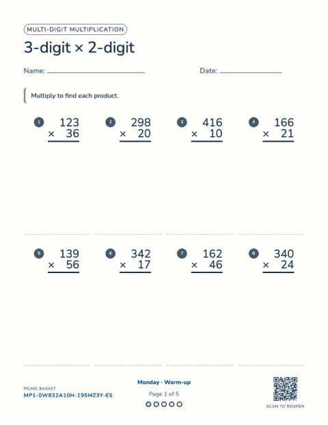 Multi-digit multiplication — the first sheet of a 5-day printable pack
