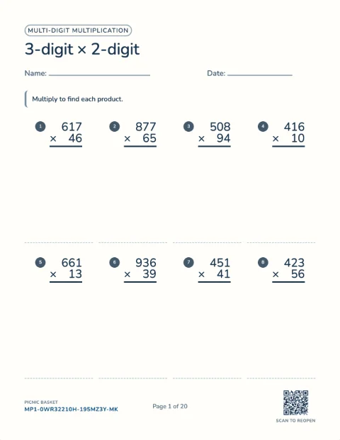 Multi-digit multiplication class set — one student's page, free printable with an answer key