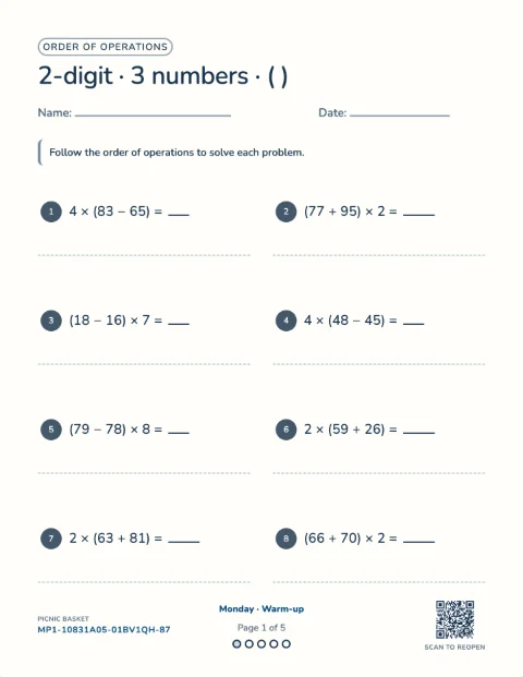Order of operations — the first sheet of a 5-day printable pack