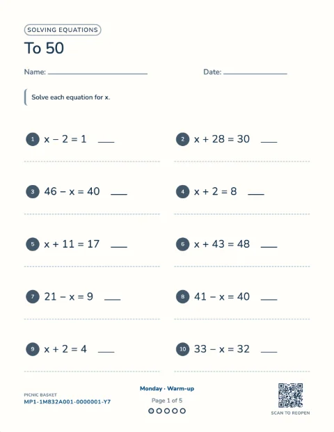 Solving equations — the first sheet of a 5-day printable pack