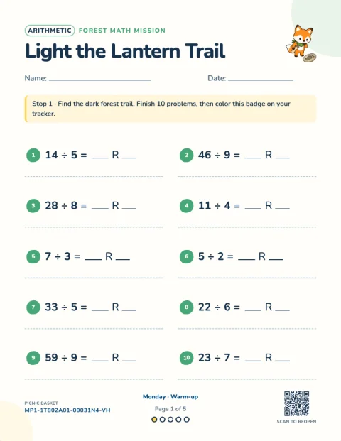 Division with remainders — Monday of a 5-day printable pack