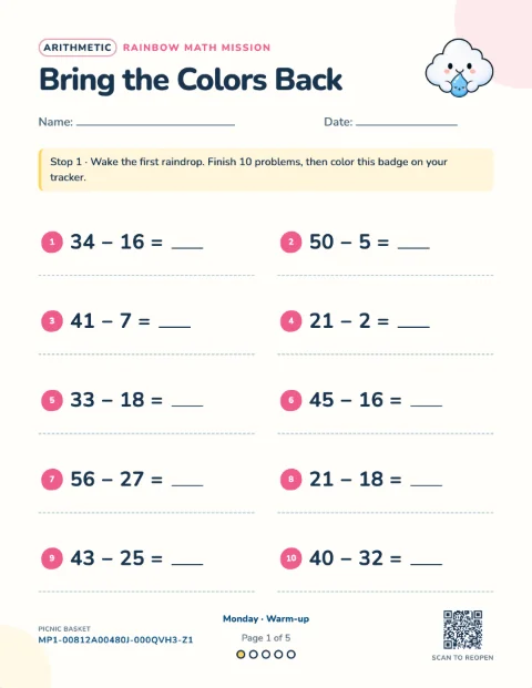 Subtraction with borrowing — Monday of a 5-day printable pack