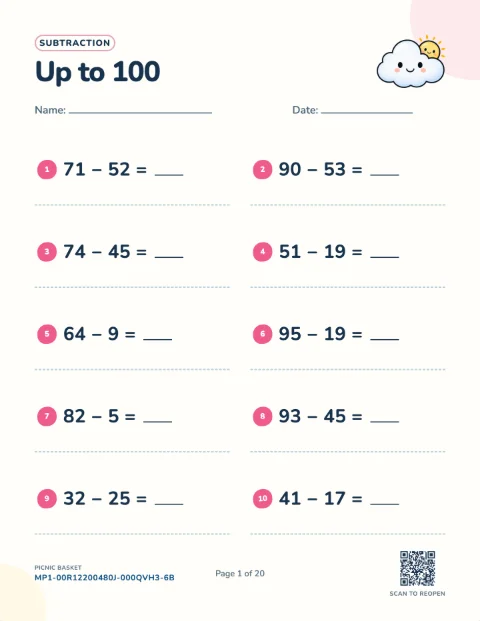 Subtraction with borrowing class set — one student's page, free printable with an answer key