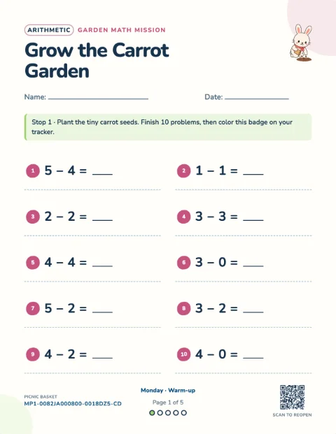 Subtraction within 10 — Monday of a 5-day printable pack
