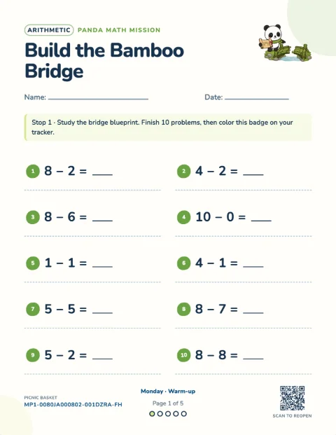 Subtraction within 20 — Monday of a 5-day printable pack
