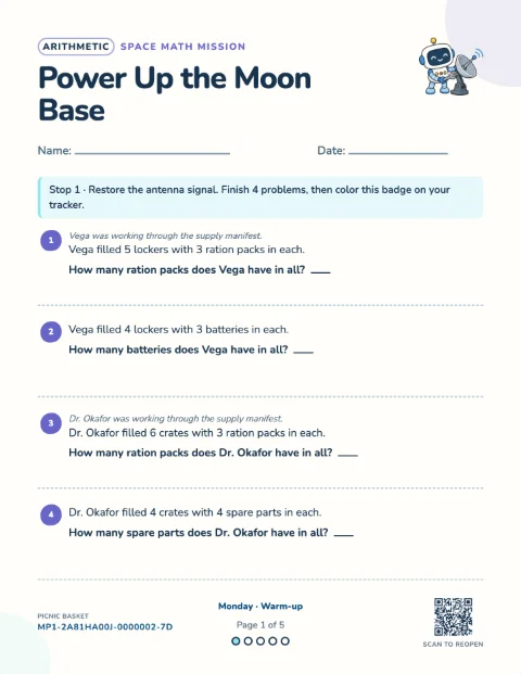 Multiplication word problems — Monday of a 5-day printable pack