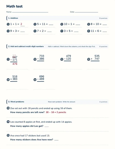 Addition and subtraction test preview