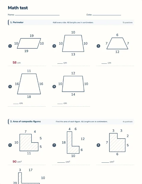 Area, perimeter, and volume test preview