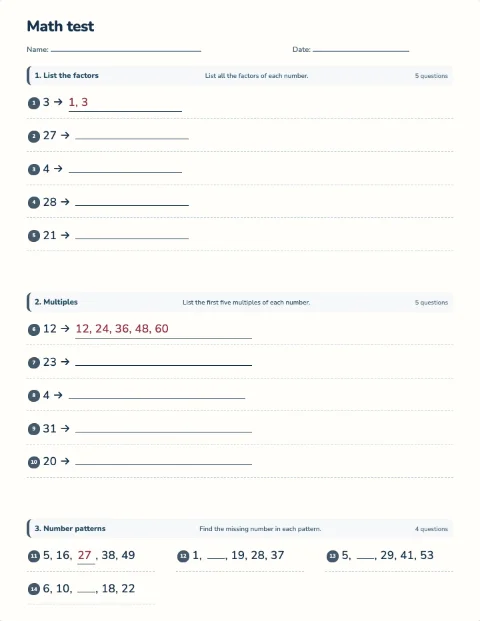 Factors and multiples test preview