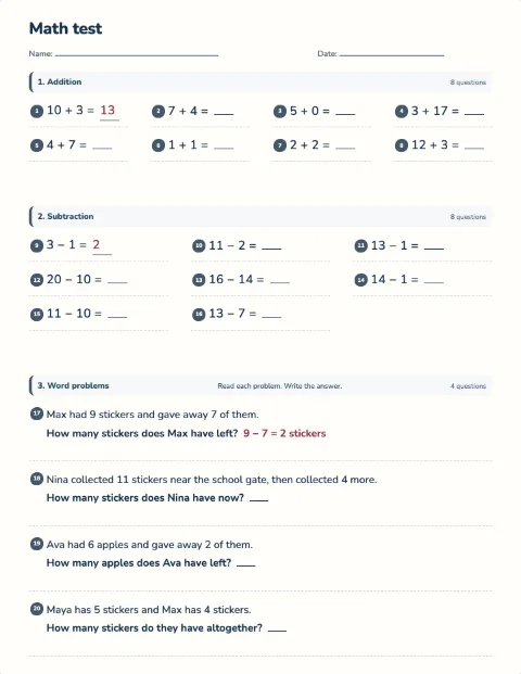 Grade 1 year test preview