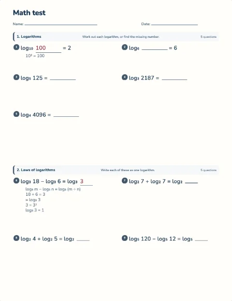 Logarithms test preview