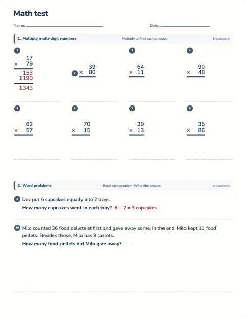 Multi-digit multiplication test preview